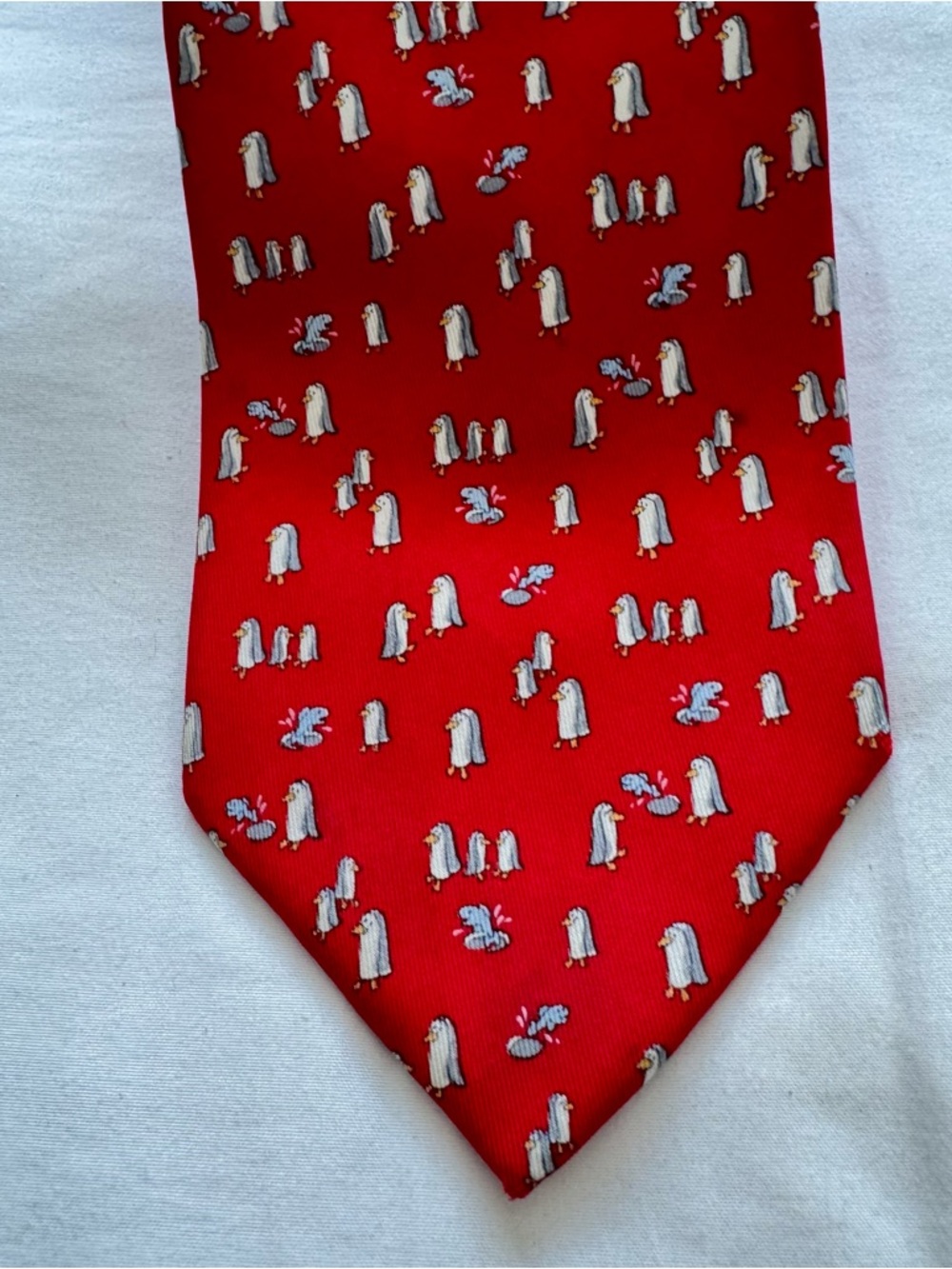 Ferragamo Red Small Pets Tie with Penguin Pattern